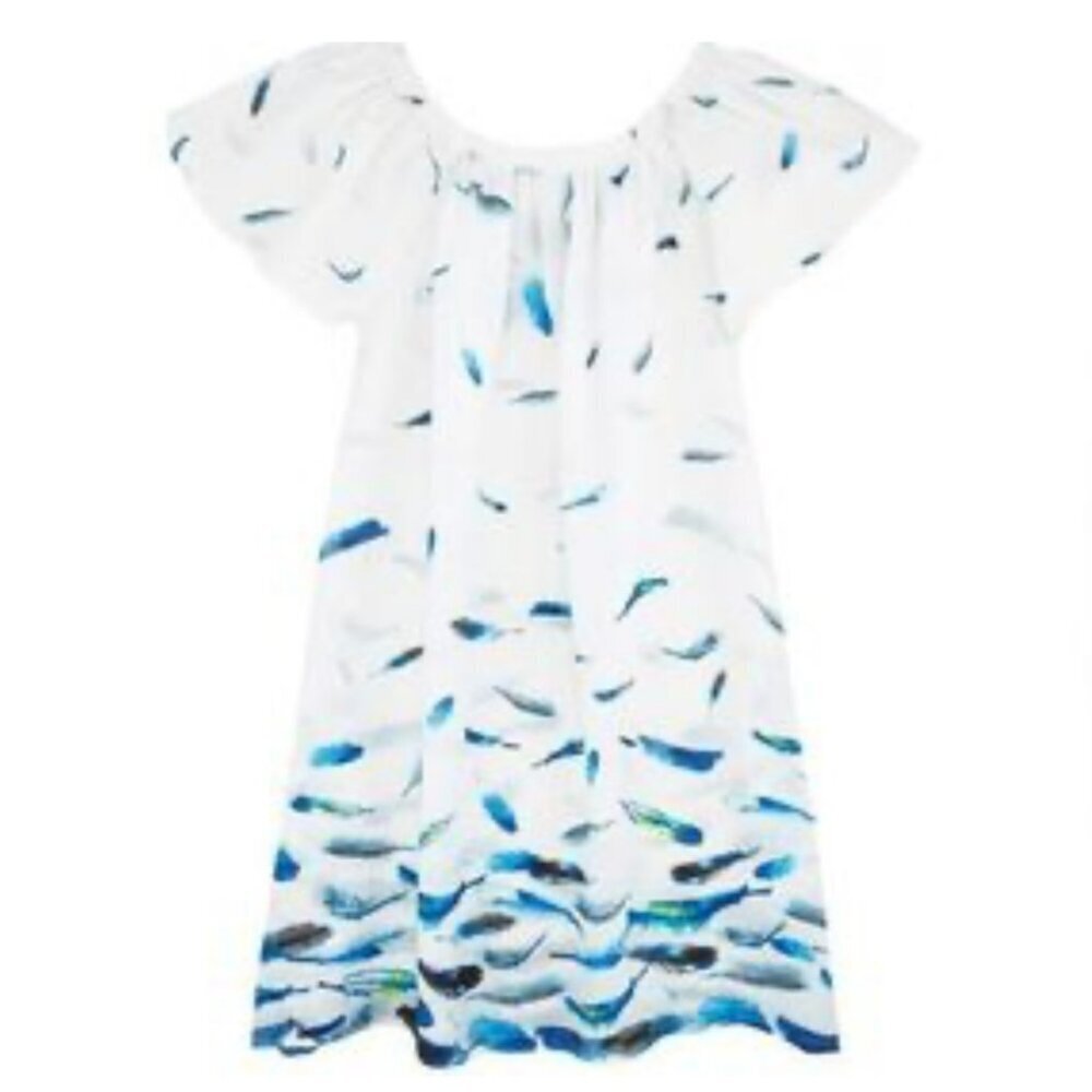 Vilebrequin 100% Ramie Feather Print Beach Cover Up Mini Dress Blue White Small